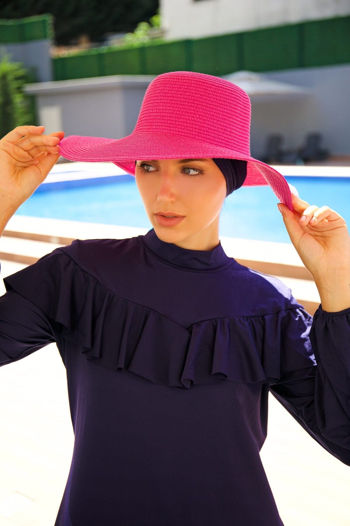 Fuşya Geniş Hasır Şapka 14232 Marina Modest