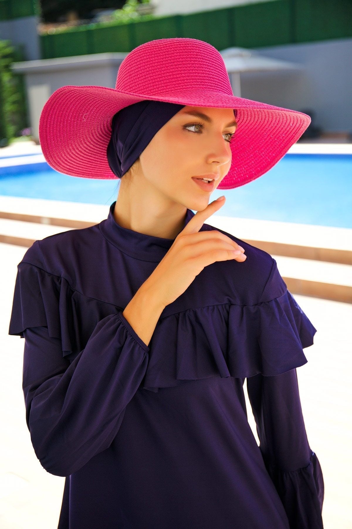 Fuşya Geniş Hasır Şapka 14232 Marina Modest