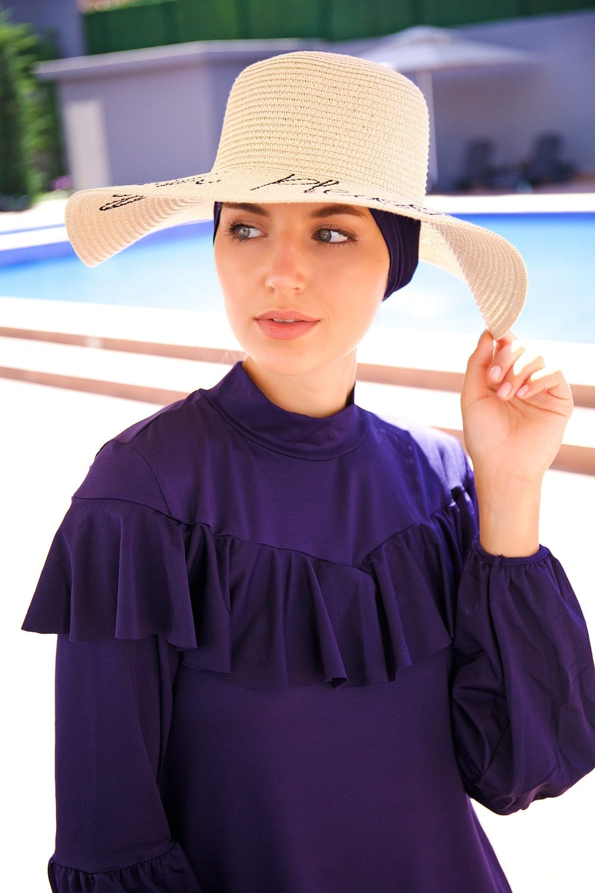 Yazılı Açık Bej Hasır Kloş Şapka 142329 Marina Modest