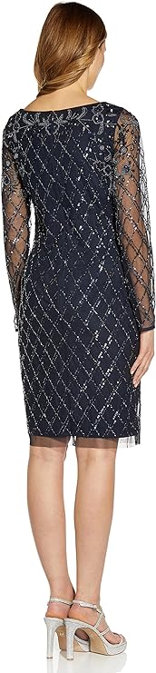Adrianna Papell Scoop Neck Illusion Long Sleeve Sequined Beaded Zipper Back Shift Mesh Dress - By Baano