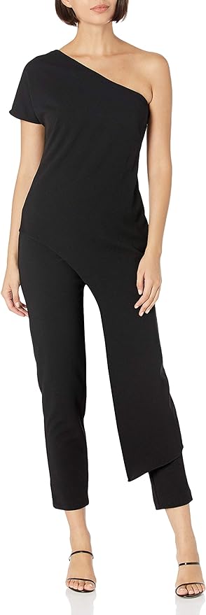 Adrianna Papell Asymmetrical One Shoulder Zipper Side Draped Crepe Jumpsuit - By Baano