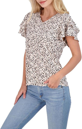 Adrianna Papell V-Neck Double Flutter Short Sleeve Printed Knit Moss Crepe Top - By Baano