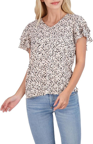 Adrianna Papell V-Neck Double Flutter Short Sleeve Printed Knit Moss Crepe Top - By Baano