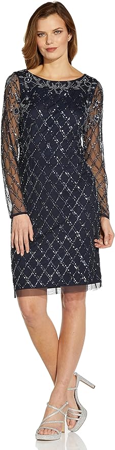 Adrianna Papell Scoop Neck Illusion Long Sleeve Sequined Beaded Zipper Back Shift Mesh Dress - By Baano