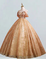 Gold lace applique sparkle ball gown prom dress strapless beaded long floor length ball gown wedding dress