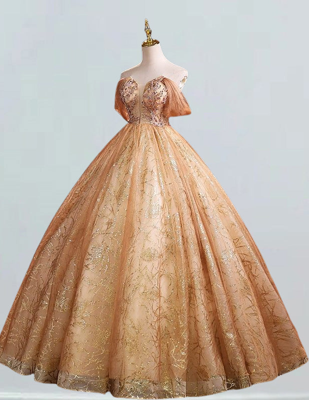 Gold lace applique sparkle ball gown prom dress strapless beaded long floor length ball gown wedding dress