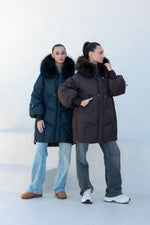 Celeste Genuine Fur Trim Down Fill Coat in Fig