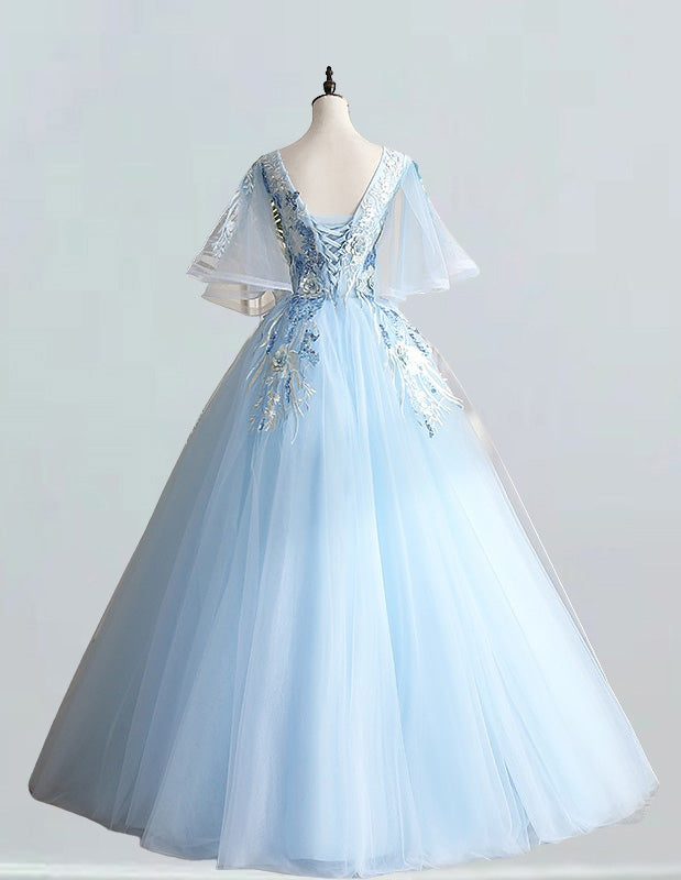 Blue v neck lace applique ball gown prom dress wedding bridal dress quinceanera gown