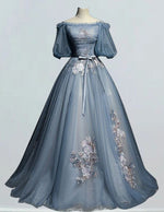 Airy blue a line off the shoulder lace applique bridal ball gown short sleeve evening prom party dress