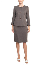 NYP Suits Crew Neck Long Sleeve 3 Button Pockets Zipper Back Slit Back Crepe Skirt Set - Glamourous Grace