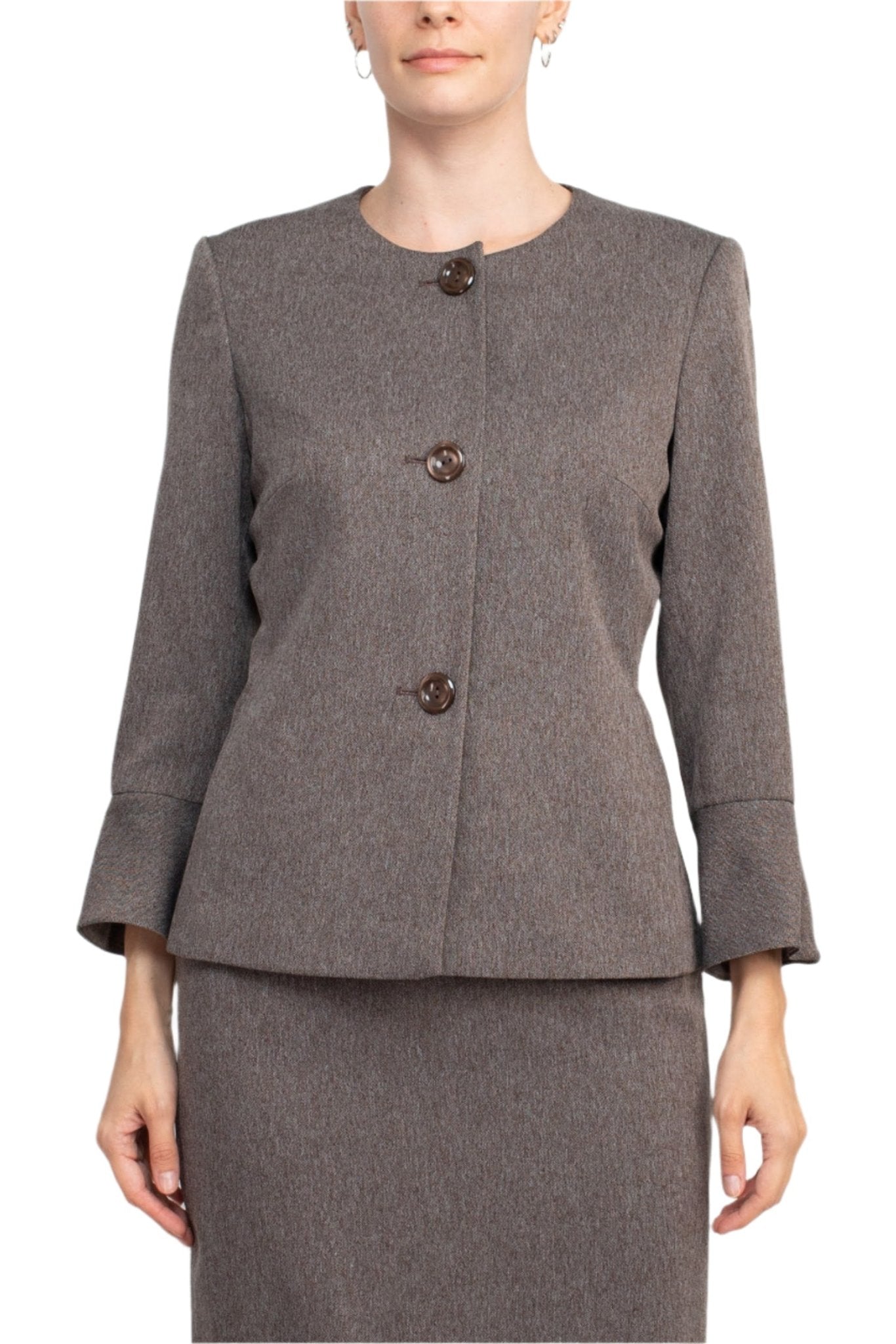 NYP Suits Crew Neck Long Sleeve 3 Button Pockets Zipper Back Slit Back Crepe Skirt Set - Glamourous Grace