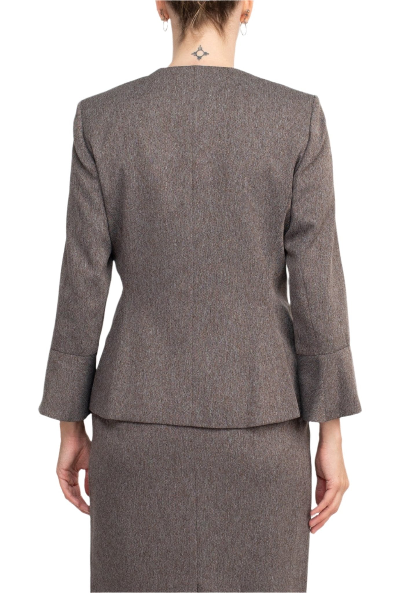 NYP Suits Crew Neck Long Sleeve 3 Button Pockets Zipper Back Slit Back Crepe Skirt Set - Glamourous Grace