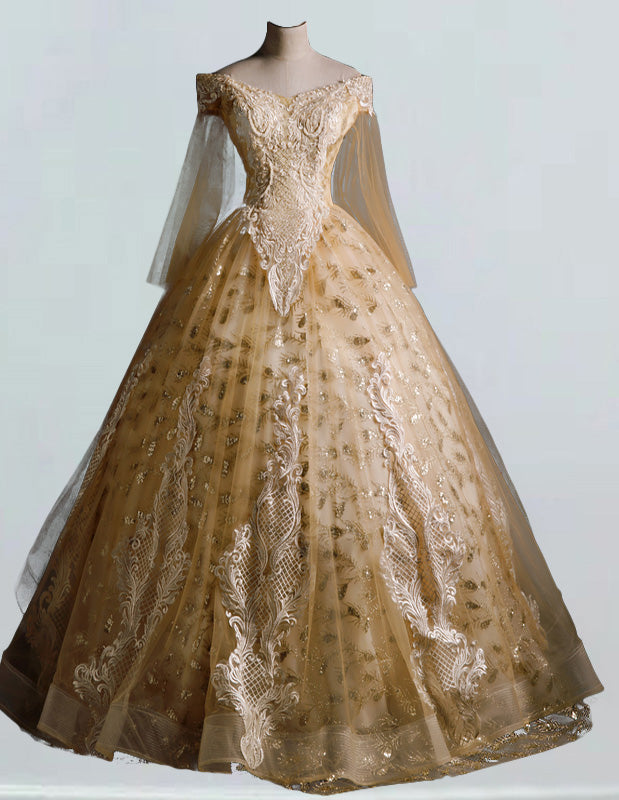 Gold sparkle long ball gown,Lace applique Bridal wedding gown