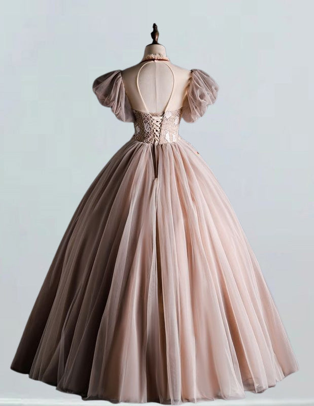 Coffee color collar elegant ball gown A-line wedding dress beaded long prom dress gown