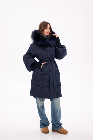 Genuine Fox Fur Trim Down Coat in Royal Blue - By Baano