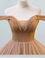 Coffee gold off the shoulder beaded fluffy tulle ball gown prom dress evening party formal dress
