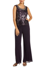 R&M Richards Formal Beaded Scoop Neckline Sleeveless Top with Three-Quarter Sleeves Sheer Jacket Duster Pant Suit