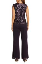 R&M Richards Formal Beaded Scoop Neckline Sleeveless Top with Three-Quarter Sleeves Sheer Jacket Duster Pant Suit