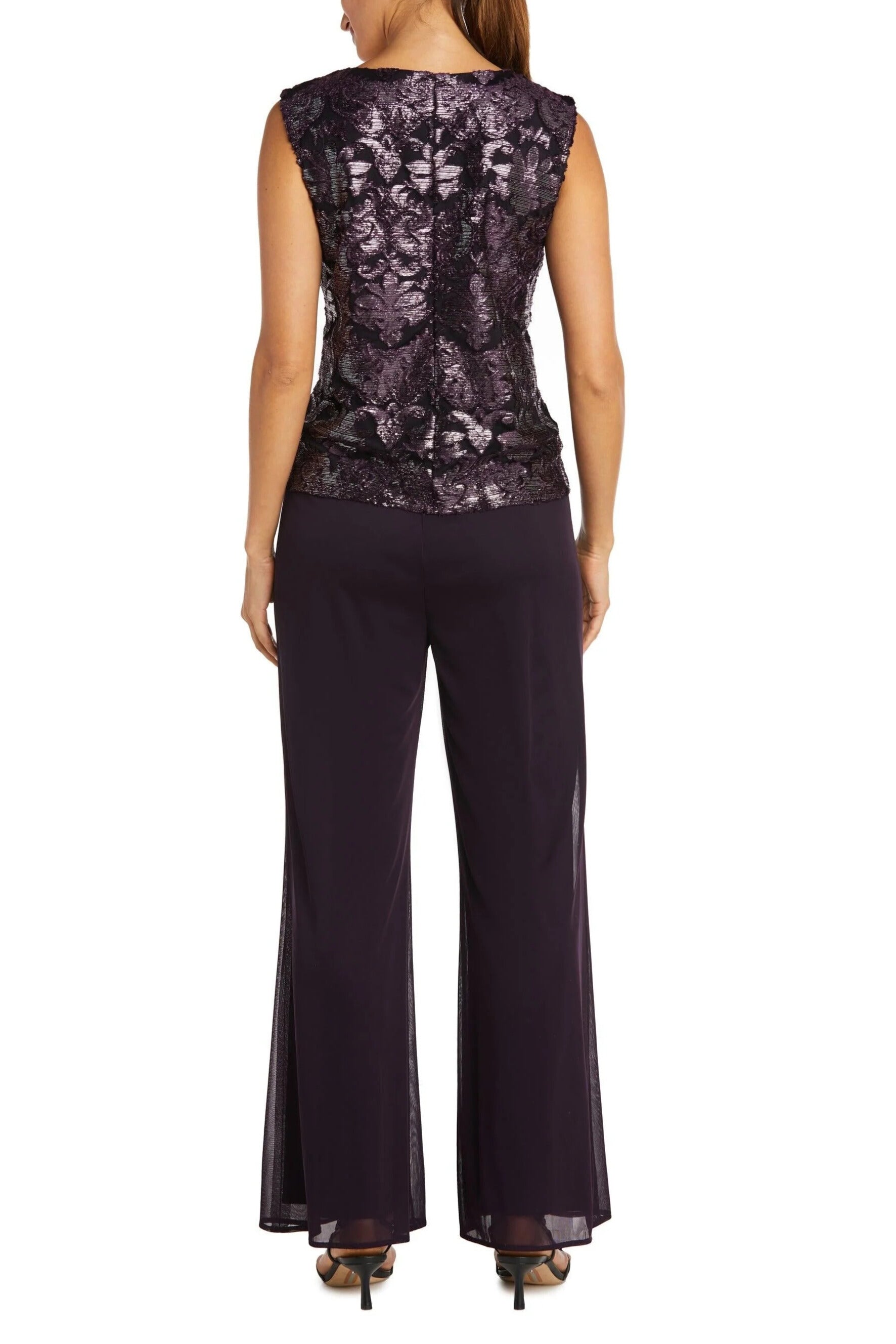 R&M Richards Formal Beaded Scoop Neckline Sleeveless Top with Three-Quarter Sleeves Sheer Jacket Duster Pant Suit