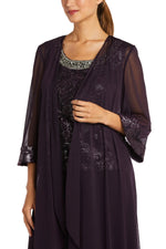 R&M Richards Formal Beaded Scoop Neckline Sleeveless Top with Three-Quarter Sleeves Sheer Jacket Duster Pant Suit