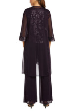 R&M Richards Formal Beaded Scoop Neckline Sleeveless Top with Three-Quarter Sleeves Sheer Jacket Duster Pant Suit