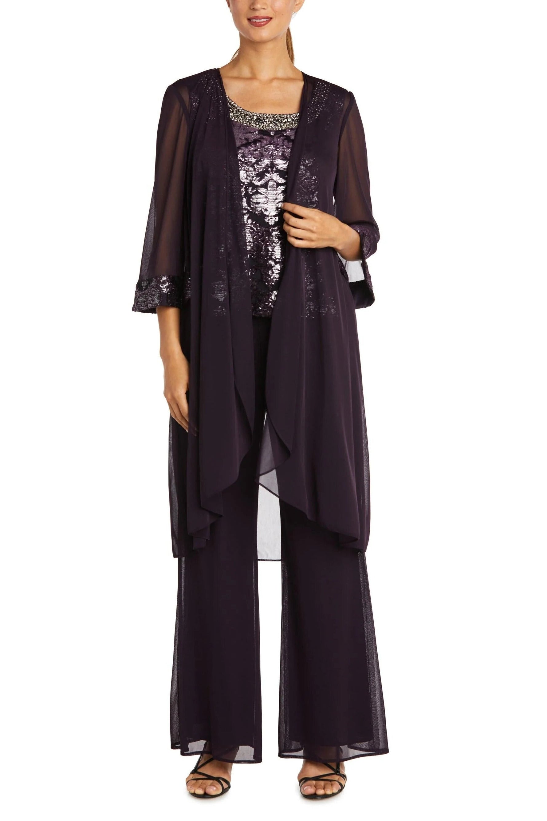 R&M Richards Formal Beaded Scoop Neckline Sleeveless Top with Three-Quarter Sleeves Sheer Jacket Duster Pant Suit