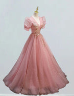 Women's Pink V-Neck Lace Applique Long Prom Dress | Elegant Evening Ball Gown