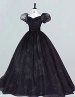 Black sweetheart cap sleeve long tulle prom dress ball gown