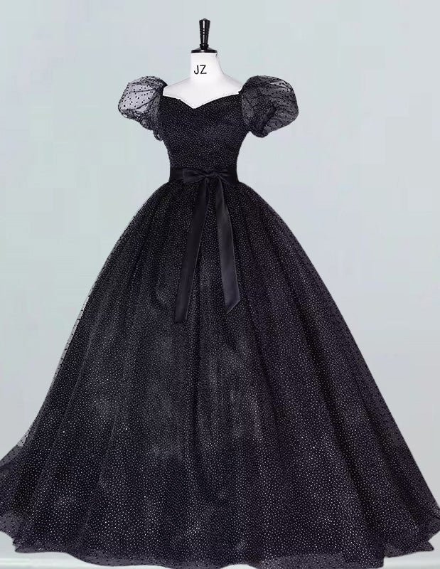 Black sweetheart cap sleeve long tulle prom dress ball gown