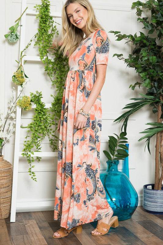 Celeste Paisley Print Short Sleeve Maxi Dress with Pockets - By Baano
