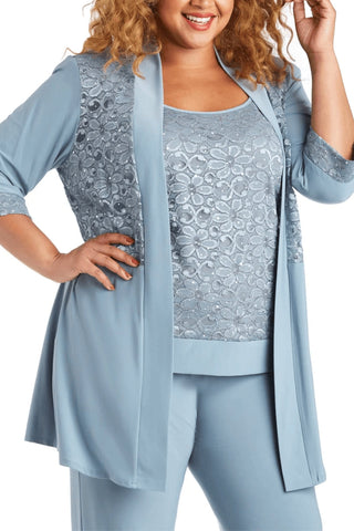 R&M Richards Sleeveless Laced Scoop Neckline Blouse Top Pleated Sequin Open Jacket Straight Leg Relaxed Trouser Pants Suit Dress (Plus Size)