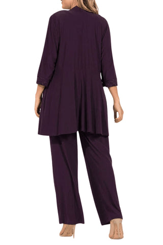 R&M Richards Sleeveless Laced Scoop Neckline Blouse Top Pleated Sequin Open Jacket Straight Leg Relaxed Trouser Pants Suit Dress (Plus Size)