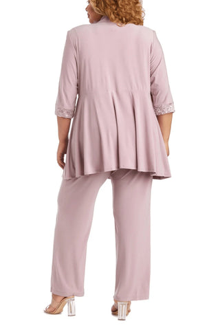 R&M Richards Sleeveless Laced Scoop Neckline Blouse Top Pleated Sequin Open Jacket Straight Leg Relaxed Trouser Pants Suit Dress