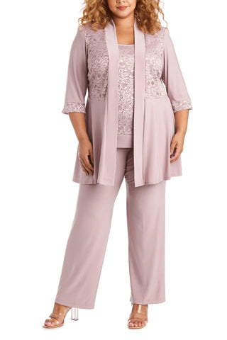R&M Richards Sleeveless Laced Scoop Neckline Blouse Top Pleated Sequin Open Jacket Straight Leg Relaxed Trouser Pants Suit Dress