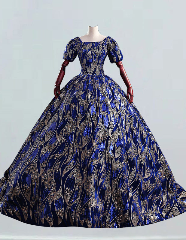 Royal Blue Velvet Sequin Prom Gown | Square Collar Elegant Evening Dress