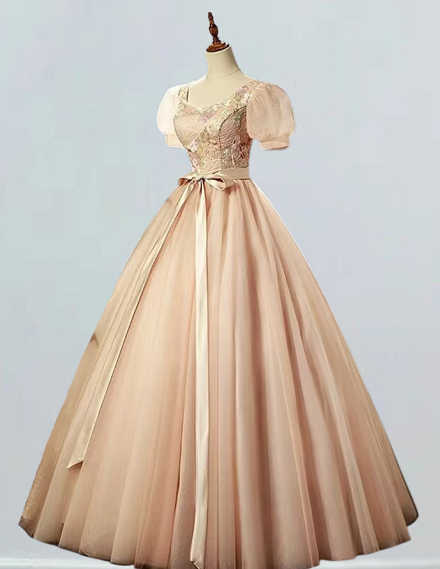 Women's Pink Lace Prom Dress | Floor-Length, Square Neck, Elegant Evening Gown