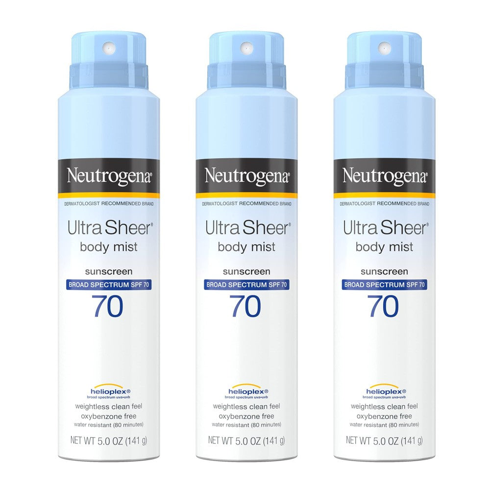 Neutrogena Ultra Sheer Body Mist Sunscreen Spray, Broad Spectrum SPF 70, Lightweight Spray Sunscreen, Non-Greasy & Water Resistant, Oil-Free & Non-Comedogenic U
