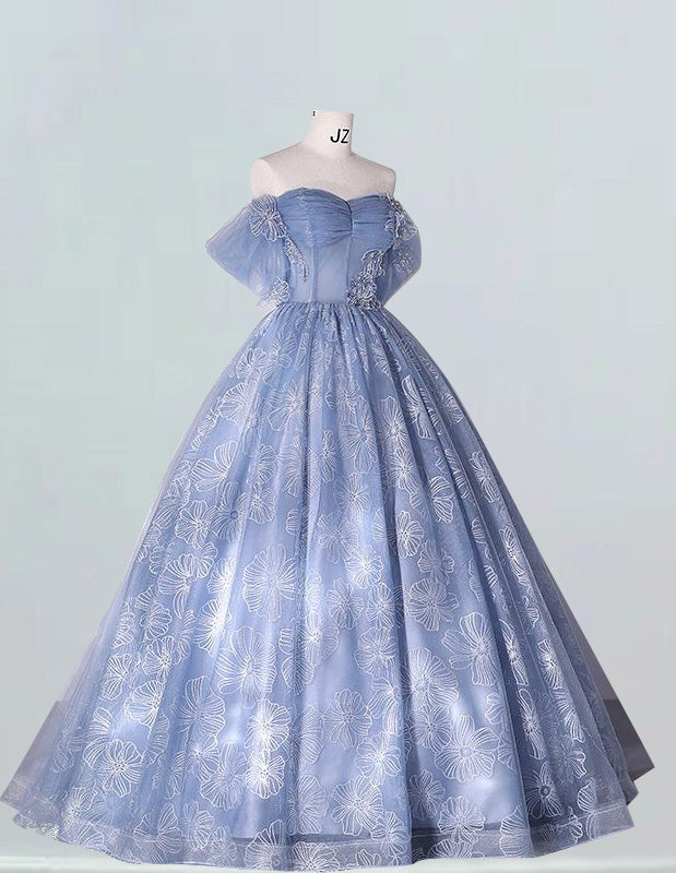 Blue sweetheart beaded lace ball gown ruffle sleeveless bridal prom dress evening party gown