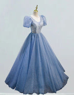 Blue v neck beading lace long sparkle tulle ball gown