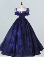 Navy Tulle Beaded Ball Gown with Sleeves - Elegant Prom & Evening Dress