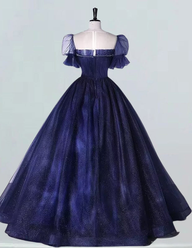 Navy Tulle Beaded Ball Gown with Sleeves - Elegant Prom & Evening Dress