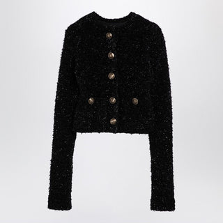 Black Cotton Blend Tweed Cropped Cardigan - By Baano