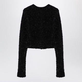 Black Cotton Blend Tweed Cropped Cardigan - By Baano