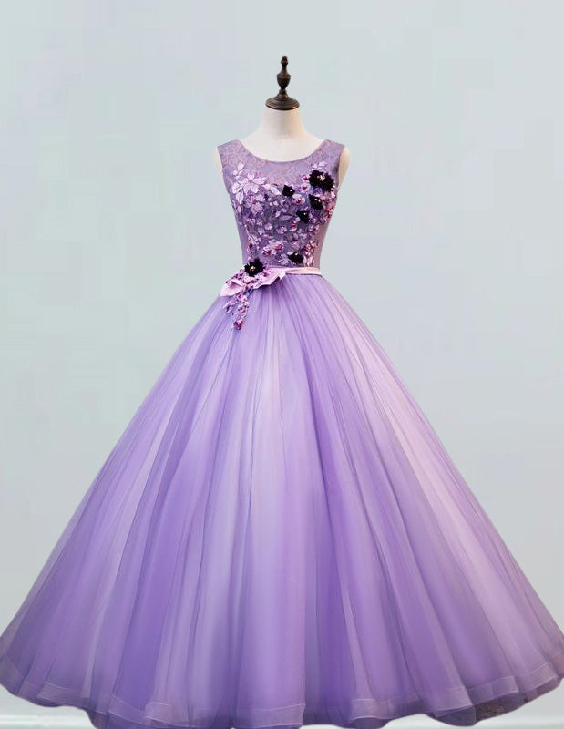 Plus Size Lavender Tulle Evening Gown | Boat Neck Lace Applique Prom Dress