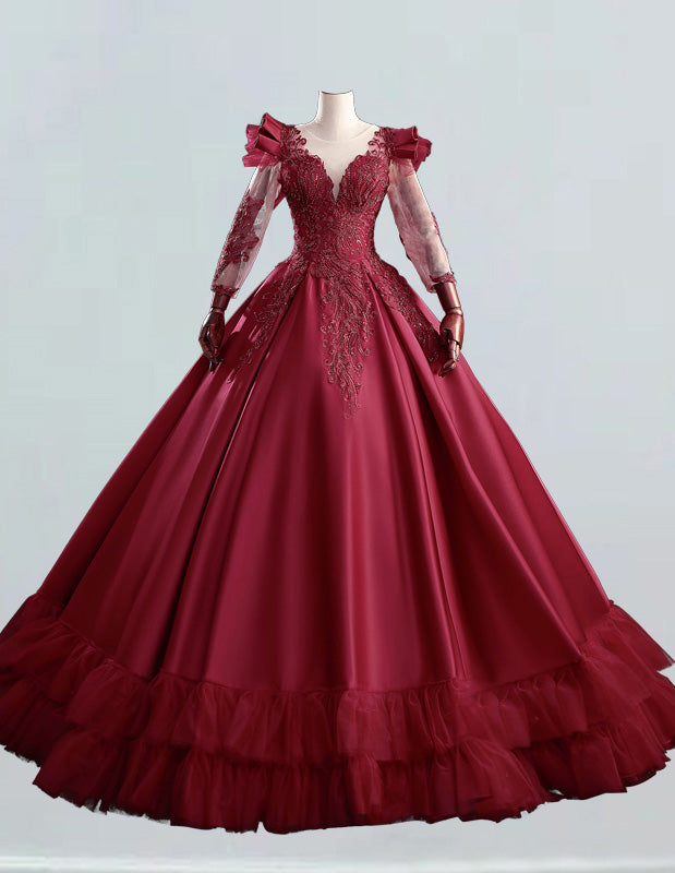 Burgundy lace applique satin ball gown,Long sleeve beaded prom dress,Pluse size wedding dress gown,Long party dress for women