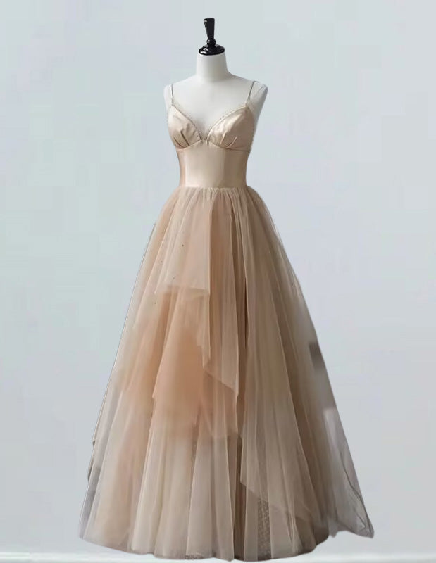 Champagne spaghetti strap beading long tulle prom dress