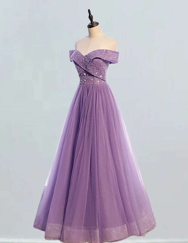 Lilac off the shoulder beading long tulle ball gown quinceanera dress