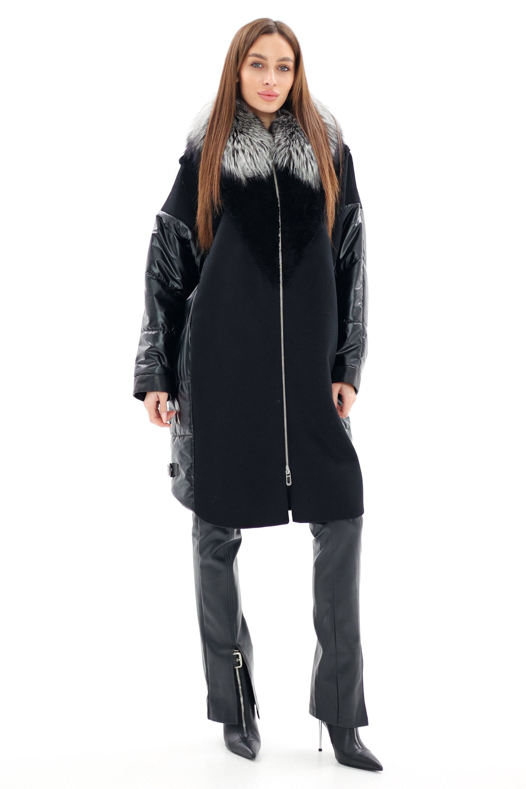 Genuine Silver Fox Fur Italian Cashmere Wool Freudenberg Comfortemp® Coat