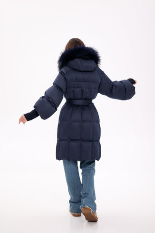 Genuine Fox Fur Trim Down Coat in Royal Blue - By Baano
