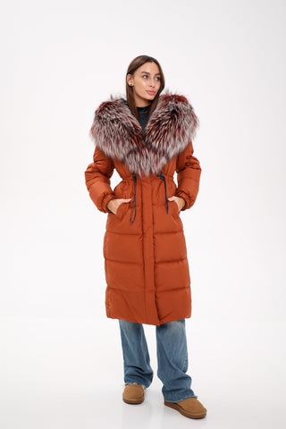 Genuine Silver Fox Fully Lined Hood Down Filled Coat - By Baano